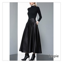 티피/Teepie 여성 가을 블랙 새틴 스커트 롱스커트
