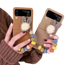 핸드폰 거치대 증정/삼성 갤럭시 Z플립3 지플립 Z플립 Flip3 제트플립 3세대 플립3 F711 토끼 털 장식 스트랩 슬림 하드 케이스