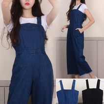 데님 청 헤짐 멜빵 롱 와이드 바지