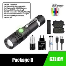 대륙의실수 레이저후레쉬 탐조등 군용후레쉬 usb 충전식 led 손전등 슈퍼 밝은 v6 전술 토치 4 조명 모드 줌 가능 램프 방수 18650 캠핑 랜턴, 패키지 d, 협력사, t6-낮은 밝기