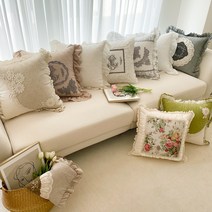 프릴 쿠션 방석 커버 소파 쇼파 레이스 프렌치 플라워, 02 엘렌, 머스타드(그린)(커버만)