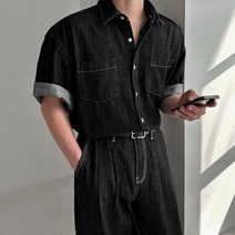 ICE LINEN 여름 논페이드 쿨 린넨 데님 오버핏 반팔 카라 셔츠 청 남방 티셔츠