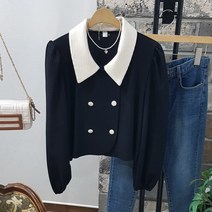 상상그이상 여성용 국내제작 와플 카라 블라우스 소재 여성스런 투버튼 배색 포인트 단정한 베이직 컬러 편안한 긴팔셔츠 하객룩 코디추천