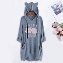 여성봄가방2022 봄 가을 여성 포켓 특대 맨투맨 고양이 귀 하마 카와이 그래픽 드로스트링 후디 풀오버 귀
