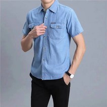 POMTOR 남성 남방 슬림핏 남자 데님 셔츠