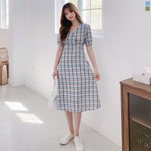 티데일리 여성용 네티 체크 브이넥 여름 반팔 롱 원피스 (2color)