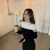 드레보루조 / 블랙 앤 화이트 절개 롱 원피스