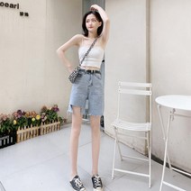 연청반바지 연한색 대미지 5부 데님반바지 여성 여름 얇은 빅진 하이웨이스트 날씬해 보이는 와이드 루즈핏 2183950333