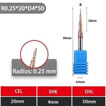 목공용 레이저 포인트 UCHEER-테이퍼 볼 노즈 엔드 밀 1 개 4mm 6mm 텅스텐, 테이퍼드, R0.25-20l-D4-50L