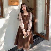 드레스 여성 빈티지 디자인 프렌치 스퀘어 칼라 가을 하이 웨스트 레트로 긴 소매 코듀로이 올 매치 클래식