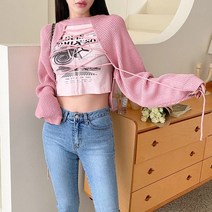 청평화 로쇼테 무지 끈 니트 볼레로