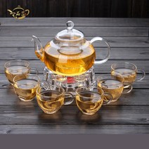 햄볶는스토어 2중잔 6인 유리다기세트 명절 어버이날 집들이 선물 600ml 800ml 티포트 유리잔 모두 포함/ 꽃차(육수다시) 티백 10개 사은품 증정, 세트5)800티포트+손잡이잔6개+하트받침대