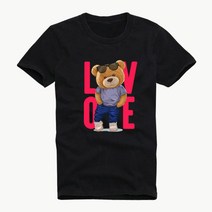 빅사이즈 남여공용 테디베어 곰인형 LOVE 곰돌이 레터링 프린팅 그래픽 반팔 티셔츠 커플티 단체티