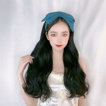 RENTIAN 가발 게으른 헤어 밴드 원피스 노마크 롱 컬 빅 웨이브 가발, 검은 머리 후프 옥수수 페름, 블랙, 1개