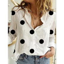 레니본블라우스 여름 패션 5XL 코튼 린넨 도트 프린트 루즈핏 캐주얼 블라우스 탑 우아한 긴 소매 카디건