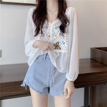 펀칭블라우스 레이스 자수 벌룬 여자 아일렛 브라우스 예쁜 빅사이즈 반팔 셔링 쉬폰 빅카라 셔츠
