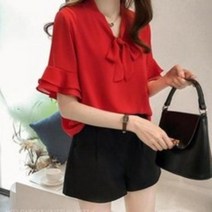프릴소매 리본쉬폰블라우스