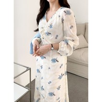 빨강몽키 플라워 브이넥 주름 여성용원피스 캐주얼 오피스 플리츠 미디 긴팔 롱 간절기 쉬폰 여성원피스