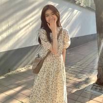 Z3JC 여름 미니멀 아트 프리미엄 퍼프 소매 플라워입니다. 여성 롱원피스