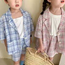 [랑구랑구] 남아 여아 반바지정장 키즈 캐주얼 체크 여름 정장세트 하객룩 남매룩