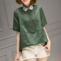 MOSAIRATION 여성용 면마 상의 썸머 반팔 셔츠 블라우스 면마 카라 남방 빅사이즈 여름 ZH23061202