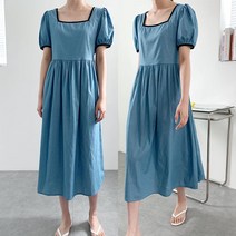 나니까 여름 스퀘어넥 원피스 반팔 데님 청 롱원피스