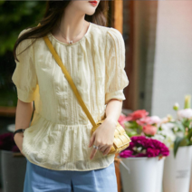 스타일아유 여성 라운드넥 소매 퍼프 캉캉 뒷 버튼 반팔 블라우스 여자 여름[AYG6BL0013]