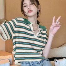 여성 크롭 숏 줄무늬 단가라 스트라이프 카라 반팔 니트