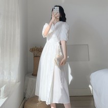 반팔브이넥원피스 여신 무드 여름 싱겁다 엘로우 작은 슬림핏 스위트 롱 키커 보이는 2082596974