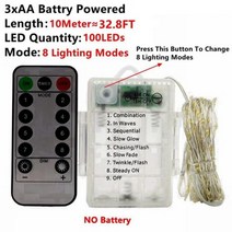 크리스마스 조명 원격 컨트롤 요정 USB 배터리 운영 LED 문자열 타이머 구리 와이어 장식 방수, White, 3 Battery-10M