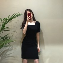 라엔 스퀘어넥 여성 여름 반팔 슬림 기본 블랙 하객 미니 원피스
