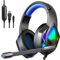 게임용 헤드셋 RGB 라이트 마이크 3.5mm 스테레오 프로 노이즈 캔슬링 베이스 서라운드 노트북 태블릿 스마트폰, 파란색, 7.09x3.54x8.27인치, ABS 플라스틱