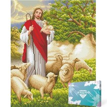 신세리티 캔버스형 DIY 세트 비즈공예 보석십자수 40 x 50 cm, 1세트, HX069.예수님 어린이 양