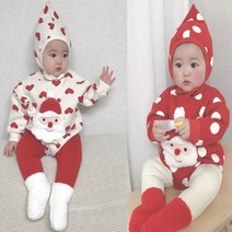 베이비 아기 유아 크리스마스 분위기 물씬! 산타포인트 빅 도트 기모수트&타이즈&꼬깔모자 3종세트(66-90사이즈) 크리스마스 등원룩 외출복 데일리룩 조카선물 손자선물 추천!