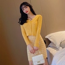 여성용 골지 가디건 + 체크 미니 원피스 세트