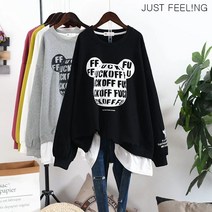 JUST FEEL!NG 레이어드 맨투맨 캐릭터 레터링 여성 긴팔 오버핏 질좋은 풀오버 빅사이즈 4XL까지
