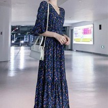 데일로엔 여성 브이넥 쉬폰 플라워 반팔 롱 원피스
