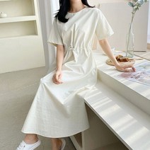리코 반팔원피스)허리밴딩조절 나일론원피스 허리시보리 반소매 라운드넥 여름원피스 베이지색 크림색 검정 블랙 루즈핏 박시한