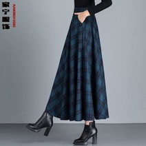 101636 롱 스커트 격자 무늬 모직 지퍼 대형 드레이프 하이 웨이스트 얇은 A 라인