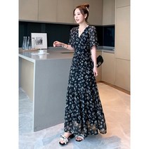 쉬폰 잔꽃 원피스 2022 여름 모리 한국 도라지 발목 원피스 슬리밍 블랙 원피스 빠른배송