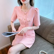 고퀄리티 노카라 트위드 프렌치 핑크 퍼프 원피스 프리미엄 로맨틱 정장 미니 스커트