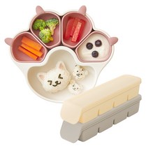 퍼기 냥냥 흡착 식판1P+이중 밀폐 이유식 큐브 4구 2P, 세트, 드라이로즈+(베이지+웜그레이)