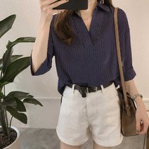 7부 스트라이프 셔츠 단추 없는 블라우스 여성 의류 반오픈카라 세로 오피스 브이넥