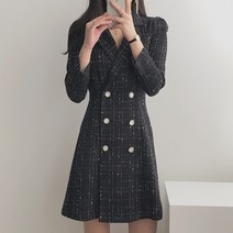 하객룩 카라 트위드 더블 버튼 체크 A라인 플레어 미니 원피스