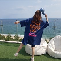 상상그이상 여성용 빅사이즈 발포나염 레터링 오버핏 반팔 롱 티셔츠