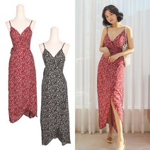 핑크비치 잔플라워패턴 민소매 나시 롱 비치원피스