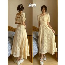 퍼프 숄더 레이스 셔링 롱 원피스 뒷트임 반팔 브이넥 반전 휴가룩 여행룩