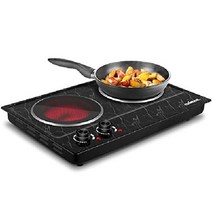 CUSIMAX 1800W 요리용 익덕션 - 세라믹 전기 플레이트 이중 제어 적외선 쿡탑, 스테인레스 스틸, 블랙 마블 더블 버너