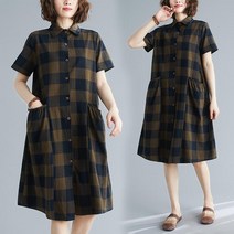 체크무늬 일자 롱 원피스 여름 반팔 카라 포켓 단추 빈티지 임부복 중년 엄마 마실룩