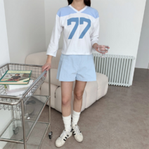 코지 여자 영국 프레피룩 더블세븐 77 프린팅 긴팔티